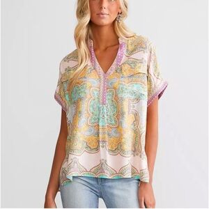 Daytrip Light Pink Paisley V-Neck Blouse with Turquoise & Yellow Accents